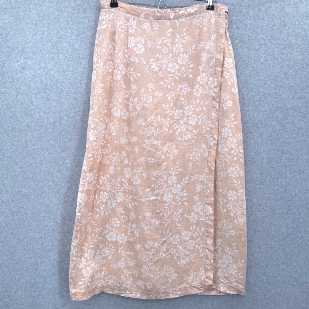 Boden Linen Floral Wrap Midi Skirt 12L Tie Waist Coral Pink Spring Travel